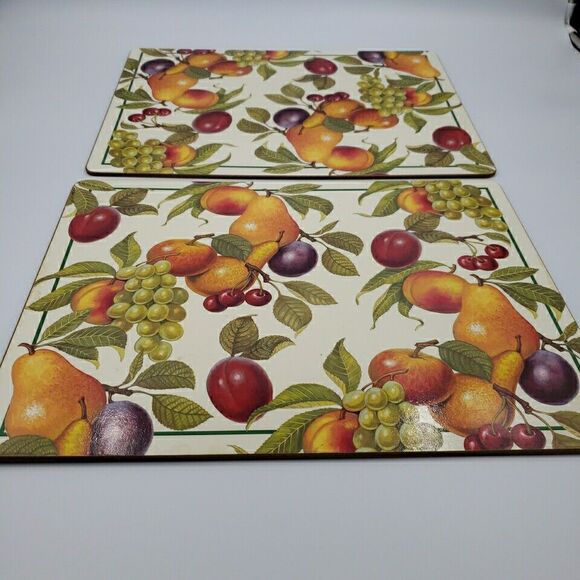 Cork Back Place Mats Fruit Harvest Vtg Plum Apple Green Grapes Pear Peach 2PC - Picture 16 of 16